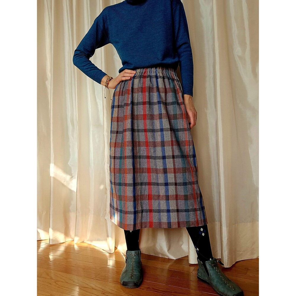 Vintage Plaid Midi Skirt Handmade Wool Blend Multicolor Elastic Waist S M